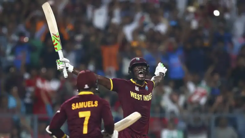 Top 10 Greatest Matches in Cricket History - Carlos Brathwaite celebrates t20 WC winning after hitting 4 consecutive sixes against Stokes
