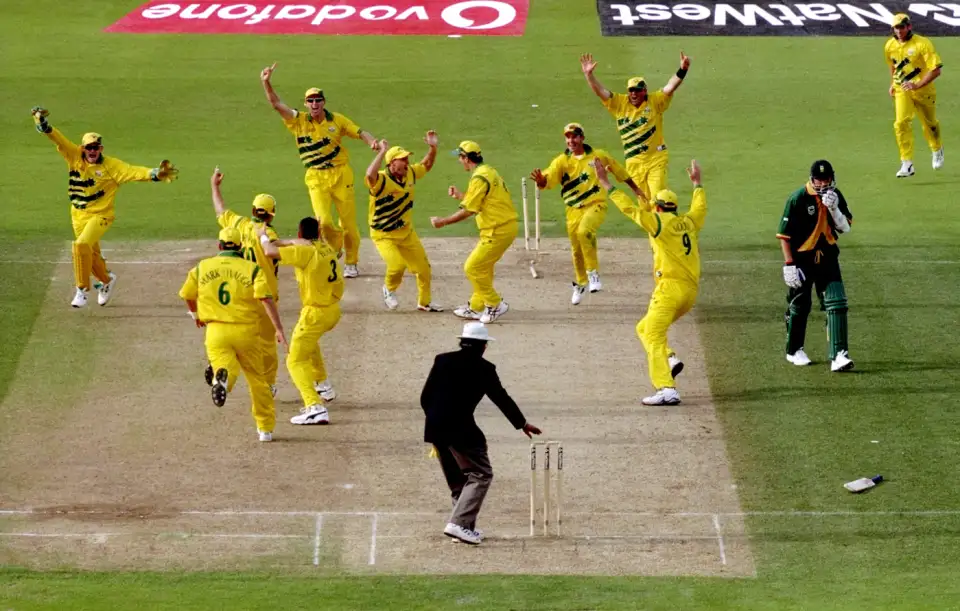 Top 10 Greatest Matches in Cricket History - Australia players celebrate after running out Aln Donald in the 99 World Cup Semi Final