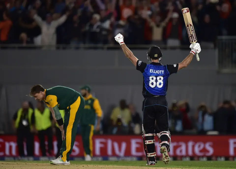 Top 10 Greatest Matches in Cricket History - Grant Elliot celebrates the famous win vs South Africa in 2015 World Cup