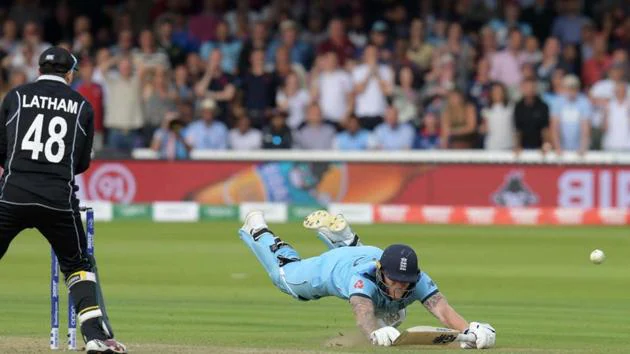 Top 10 Greatest Matches in Cricket History - Stokes slides as the ball hit his bat and goes to the boundary in World cup 2019